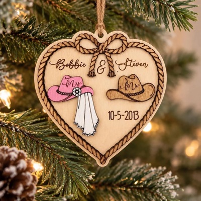 Personalized Western Wedding Ornament, Cowboy Couple Christmas Ornament, Bride Groom Gift, Rustic Wedding Keepsake, Newlywed Ornament