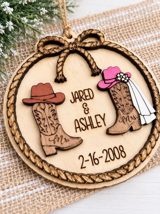 Personalized Western Wedding Ornament, Cowboy Boots Christmas Ornament, Country Wedding Gift, Bride Groom Ornament, Rustic Wedding Keepsake
