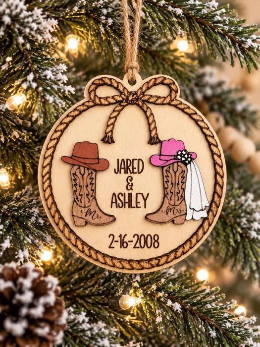 Personalized Western Wedding Ornament, Cowboy Boots Christmas Ornament, Country Wedding Gift, Bride Groom Ornament, Rustic Wedding Keepsake