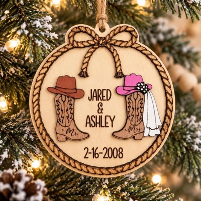 Personalized Western Wedding Ornament, Cowboy Boots Christmas Ornament, Country Wedding Gift, Bride Groom Ornament, Rustic Wedding Keepsake