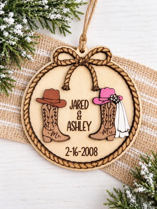 Personalized Western Wedding Ornament, Cowboy Boots Christmas Ornament, Country Wedding Gift, Bride Groom Ornament, Rustic Wedding Keepsake