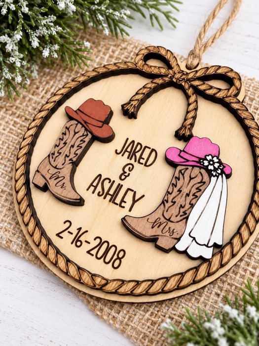 Personalized Western Wedding Ornament, Cowboy Boots Christmas Ornament, Country Wedding Gift, Bride Groom Ornament, Rustic Wedding Keepsake