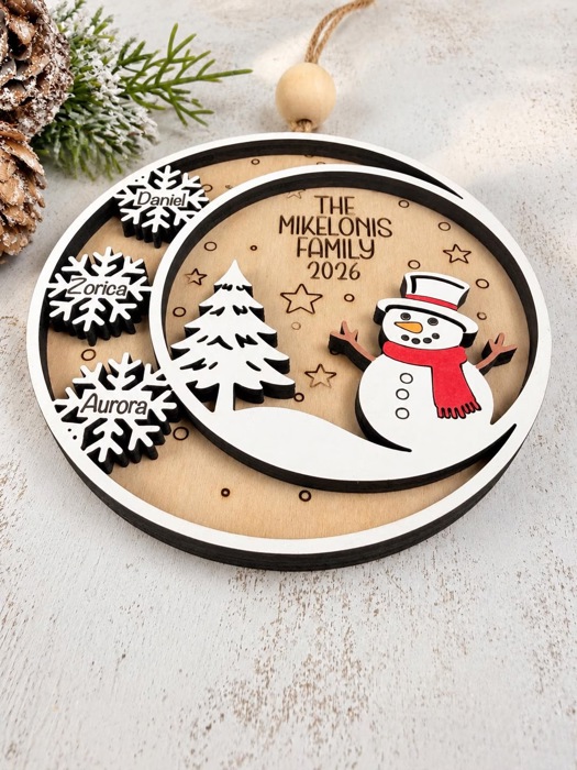 Personalized Family Christmas Ornament, Snowman Family Ornament, Custom Name Snowflake Ornament, Wooden Christmas Tree Ornament 2026