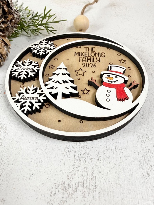 Personalized Family Christmas Ornament, Snowman Family Ornament, Custom Name Snowflake Ornament, Wooden Christmas Tree Ornament 2026