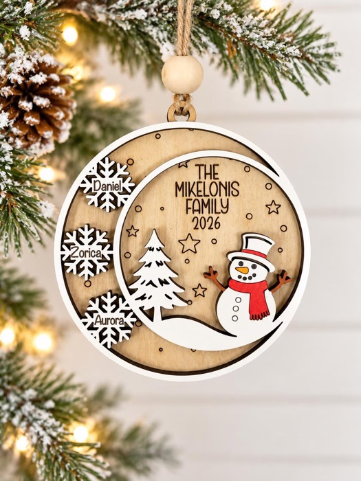 Personalized Family Christmas Ornament, Snowman Family Ornament, Custom Name Snowflake Ornament, Wooden Christmas Tree Ornament 2026