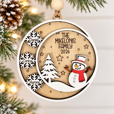 Personalized Family Christmas Ornament, Snowman Family Ornament, Custom Name Snowflake Ornament, Wooden Christmas Tree Ornament 2026