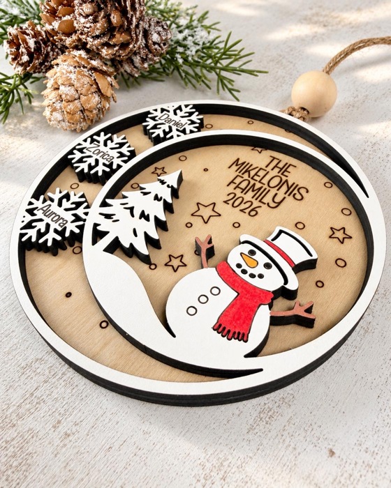 Personalized Family Christmas Ornament, Snowman Family Ornament, Custom Name Snowflake Ornament, Wooden Christmas Tree Ornament 2026
