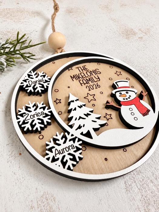 Personalized Family Christmas Ornament, Snowman Family Ornament, Custom Name Snowflake Ornament, Wooden Christmas Tree Ornament 2026
