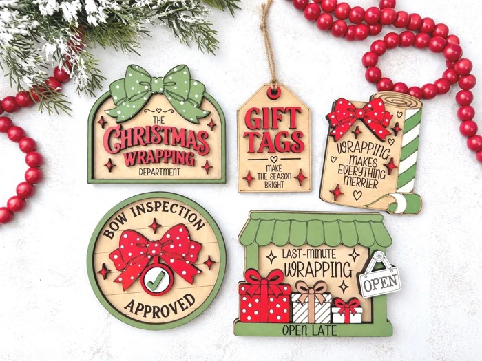 Christmas Tiered Tray Decor, Gift Wrapping Christmas Signs, Christmas Shelf Sitters, Holiday Tier Tray Decor, Christmas Gift Decor