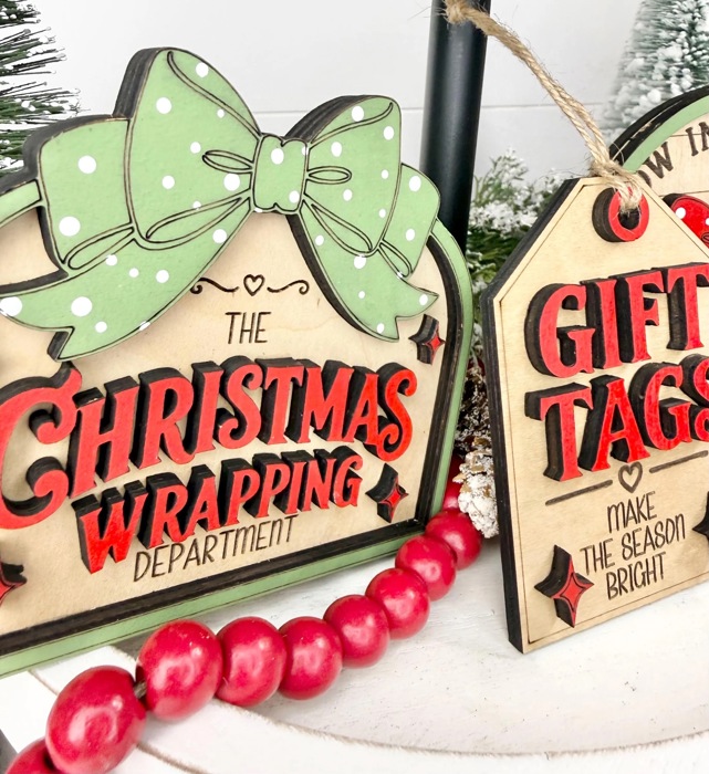 Christmas Tiered Tray Decor, Gift Wrapping Christmas Signs, Christmas Shelf Sitters, Holiday Tier Tray Decor, Christmas Gift Decor