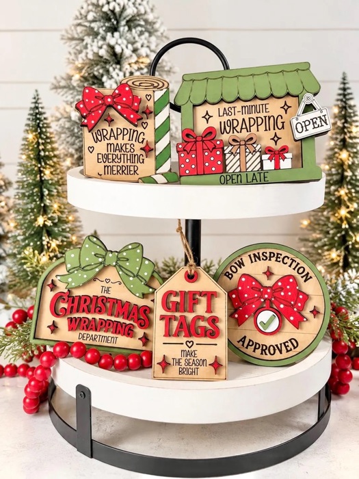 Christmas Tiered Tray Decor, Gift Wrapping Christmas Signs, Christmas Shelf Sitters, Holiday Tier Tray Decor, Christmas Gift Decor