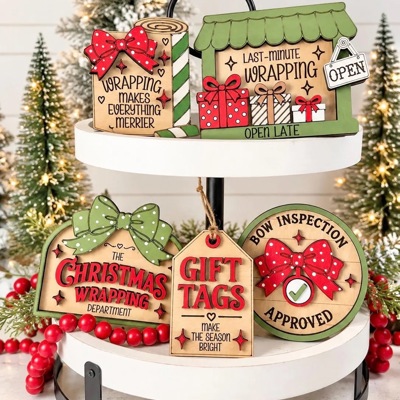 Christmas Tiered Tray Decor, Gift Wrapping Christmas Signs, Christmas Shelf Sitters, Holiday Tier Tray Decor, Christmas Gift Decor