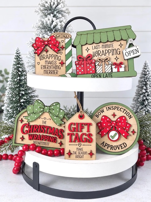Christmas Tiered Tray Decor, Gift Wrapping Christmas Signs, Christmas Shelf Sitters, Holiday Tier Tray Decor, Christmas Gift Decor