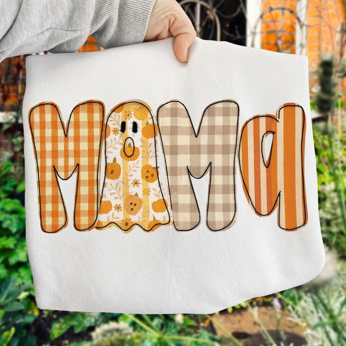 Faux Patchwork “MAMA” Tee – Fall & Halloween Graphic