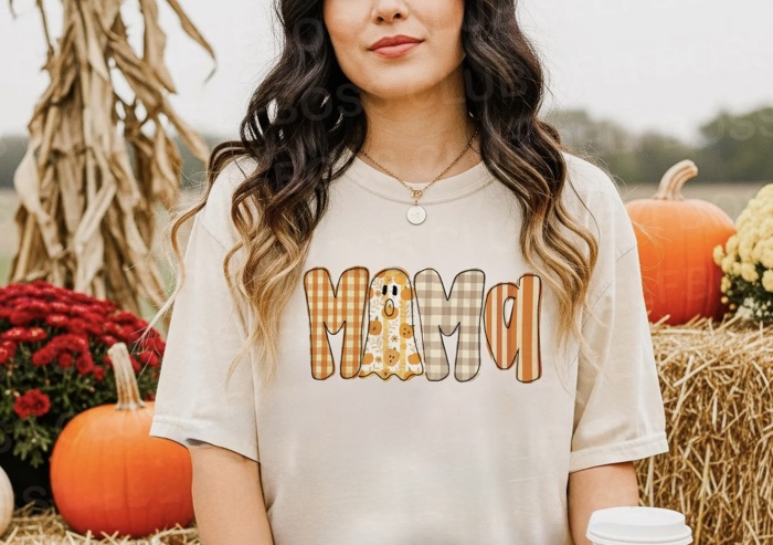 Faux Patchwork “MAMA” Tee – Fall & Halloween Graphic