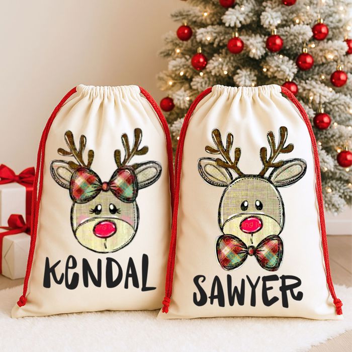 Personalized Reindeer Santa Sack – Custom Christmas Gift Bag for Kids