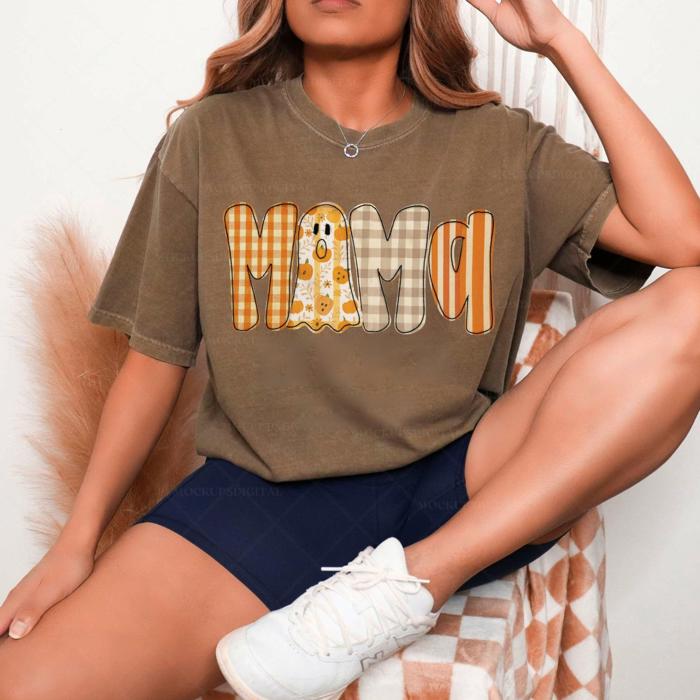 Faux Patchwork “MAMA” Tee – Fall & Halloween Graphic