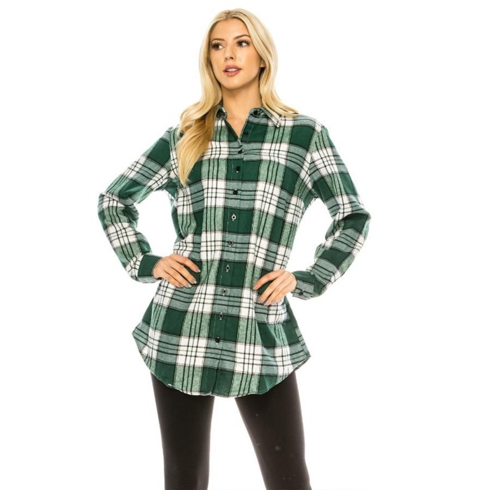 Women's Long Button Plaid Tunic Length Shirt