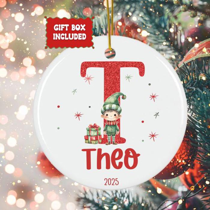 Personalized Boy Elf Child's Initial and Name Christmas Ornament | Gift Box Included