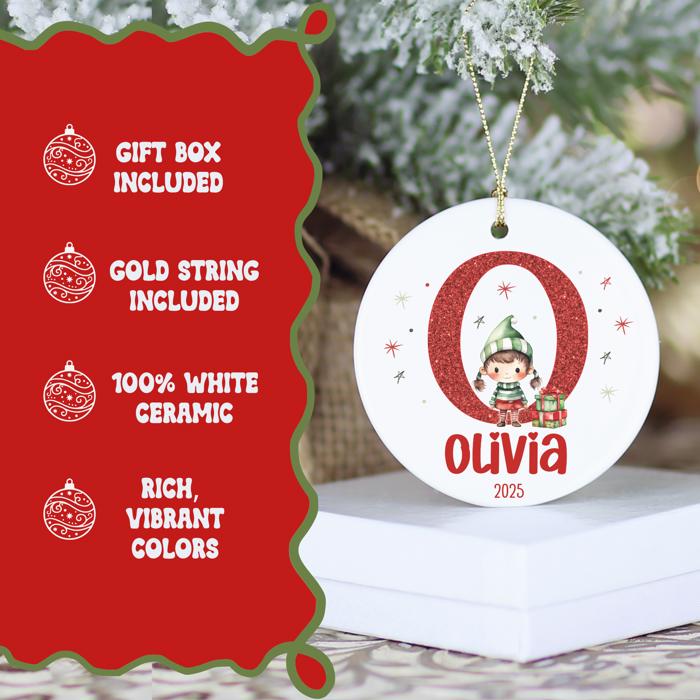 Personalized Girl Elf Child's Initial and Name Christmas Ornament | Gift Box Included