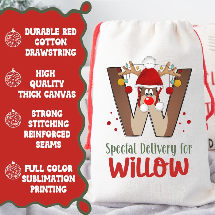 Personalized Rudolph Initial Special Delivery Santa Bag | Child’s Initial & Name | Large and Small Bags