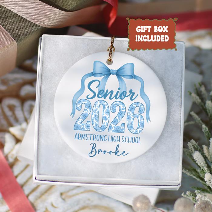 Personalized Blue Coquette Senior 2026 Graduation Ornament; Blue Bow Design; Customize with Senior's Name and School