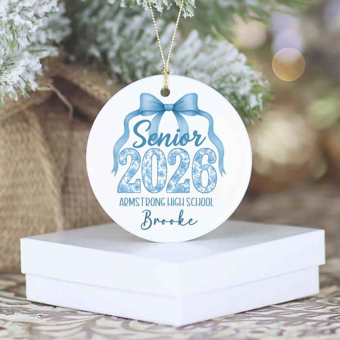 Personalized Blue Coquette Senior 2026 Graduation Ornament; Blue Bow Design; Customize with Senior's Name and School