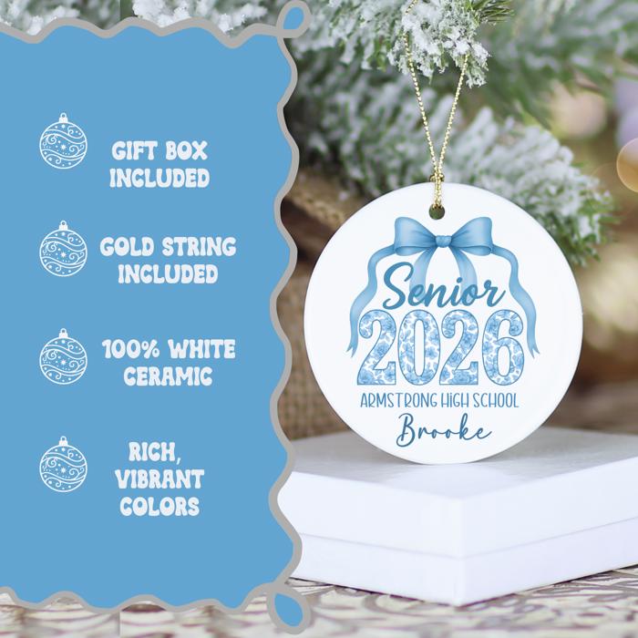 Personalized Blue Coquette Senior 2026 Graduation Ornament; Blue Bow Design; Customize with Senior's Name and School