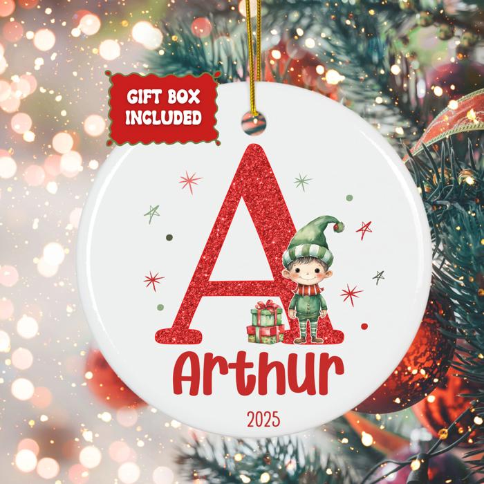Personalized Boy Elf Child's Initial and Name Christmas Ornament | Gift Box Included
