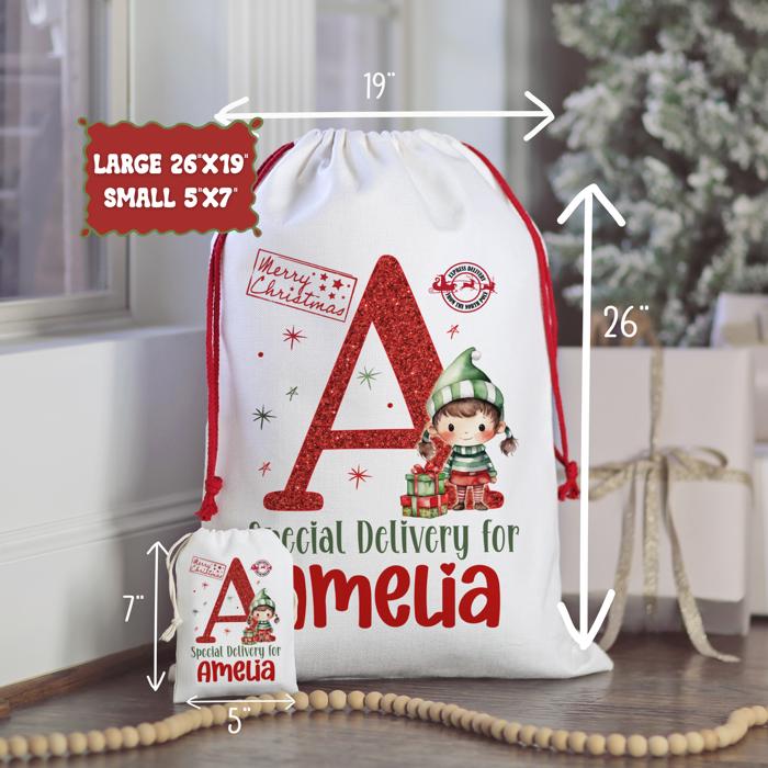 Personalized Special Delivery Girl Elf Design Santa Bag | Large and Small Bags