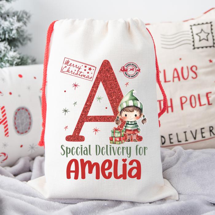 Personalized Special Delivery Girl Elf Design Santa Bag | Large and Small Bags