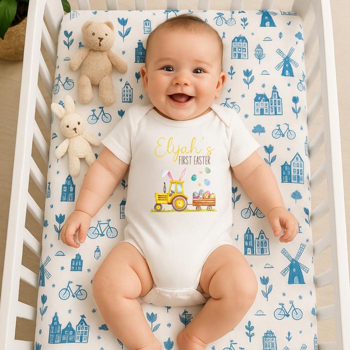 First Easter Baby Boy Personalized Easter Onesie - Easter Yellow Tractor Pulling Easter Eggs | Short Sleeve 100% Cotton Onesie