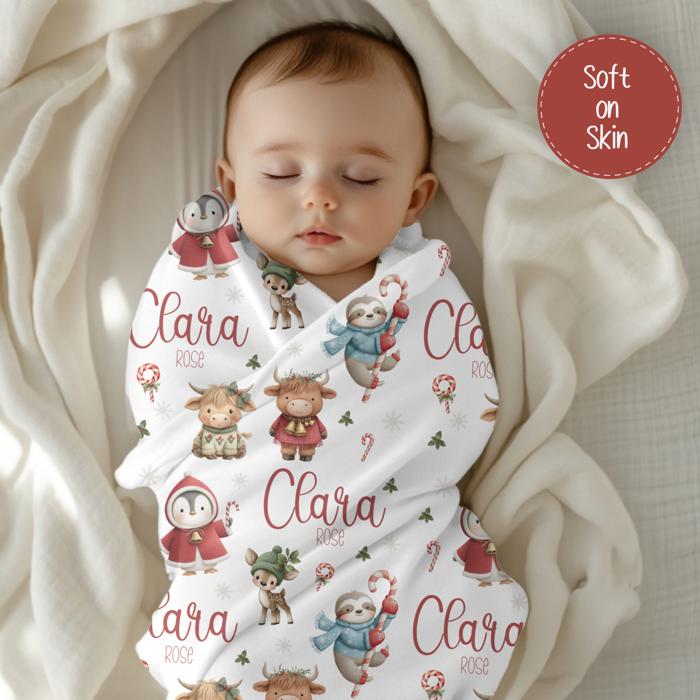 Highland Cows, Penguin, Baby Deer and Sloth Personalized Christmas Blanket | Child's Custom Holiday Throw 30"x40"