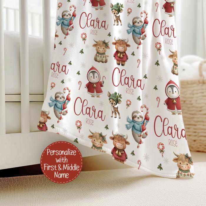 Highland Cows, Penguin, Baby Deer and Sloth Personalized Christmas Blanket | Child's Custom Holiday Throw 30"x40"