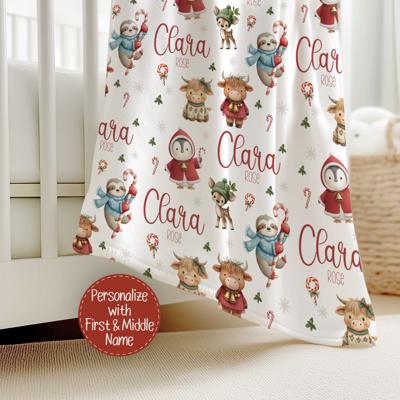 Highland Cows, Penguin, Baby Deer and Sloth Personalized Christmas Blanket | Child's Custom Holiday Throw 30"x40"