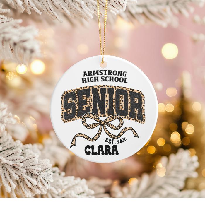 Retro Leopard Print Coquette Personalized 2026 Graduation Ornament | Customize with Senior's Name and School