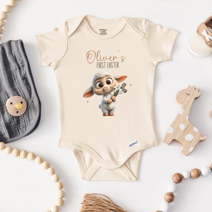 Lamb Holding Easter Cross First Easter Personalized Onesie for Baby - Short Sleeve 100% Cotton Bodysuit