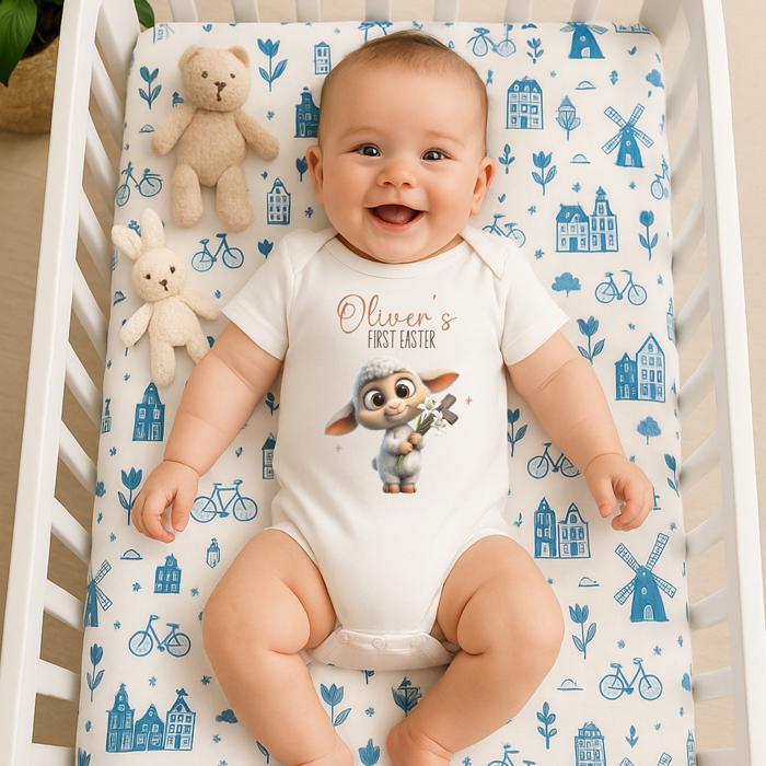 Lamb Holding Easter Cross First Easter Personalized Onesie for Baby - Short Sleeve 100% Cotton Bodysuit