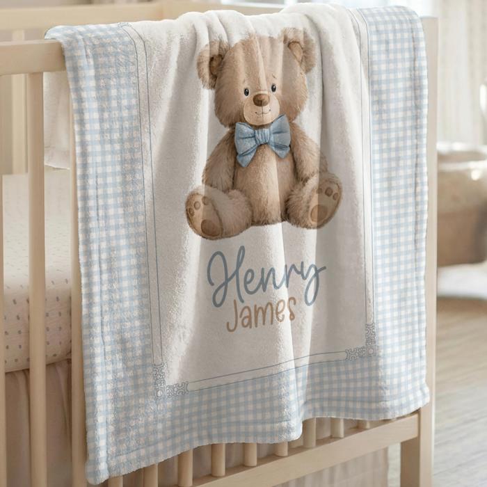 Blue Gingham Personalized Teddy Bear Blanket | Custom Baby Boy Blanket | Teddy Bear Baby Boy Nursery Decor | Baby Shower Gift for Boy