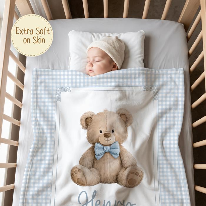Blue Gingham Personalized Teddy Bear Blanket | Custom Baby Boy Blanket | Teddy Bear Baby Boy Nursery Decor | Baby Shower Gift for Boy