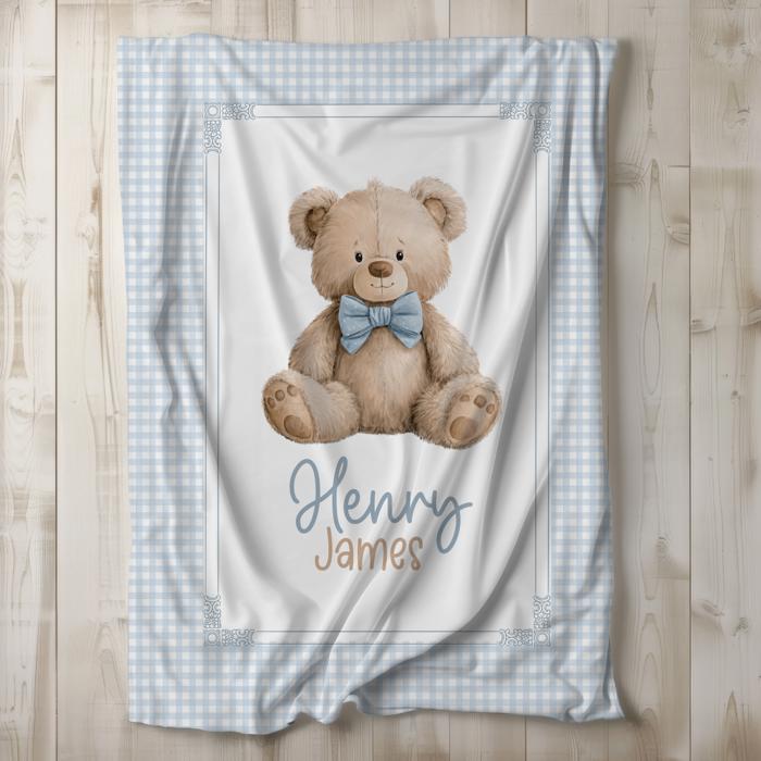 Blue Gingham Personalized Teddy Bear Blanket | Custom Baby Boy Blanket | Teddy Bear Baby Boy Nursery Decor | Baby Shower Gift for Boy