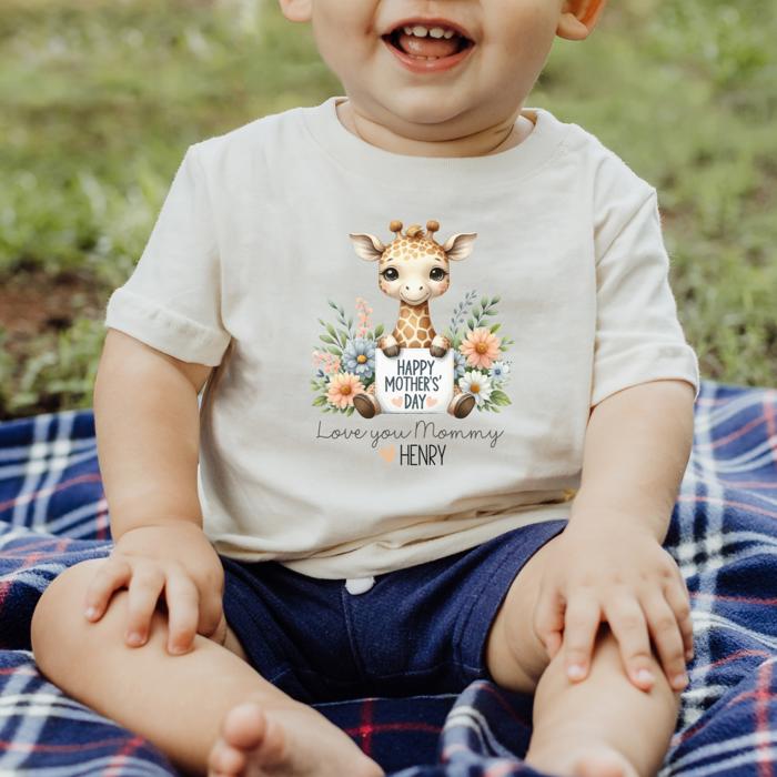 Custom Mother’s Day Gift from Toddler; Personalized Mother’s Day Toddler Shirt – Cute Giraffe with Flowers, “I Love You Mommy” Design