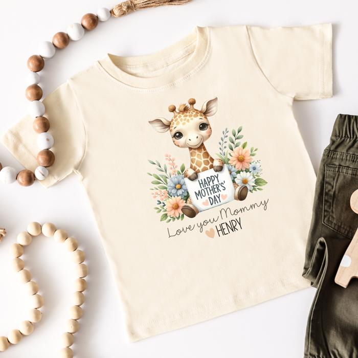Custom Mother’s Day Gift from Toddler; Personalized Mother’s Day Toddler Shirt – Cute Giraffe with Flowers, “I Love You Mommy” Design