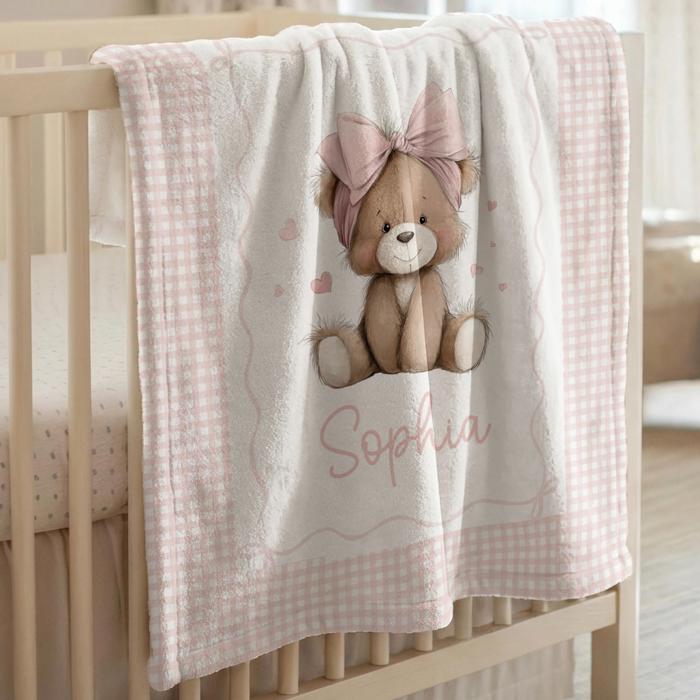 Personalized Teddy Bear on Pink Gingham Baby Blanket | Teddy Bear Baby Girl Nursery Decor | Baby Shower Gift for Girl