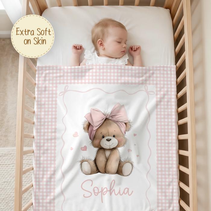 Personalized Teddy Bear on Pink Gingham Baby Blanket | Teddy Bear Baby Girl Nursery Decor | Baby Shower Gift for Girl