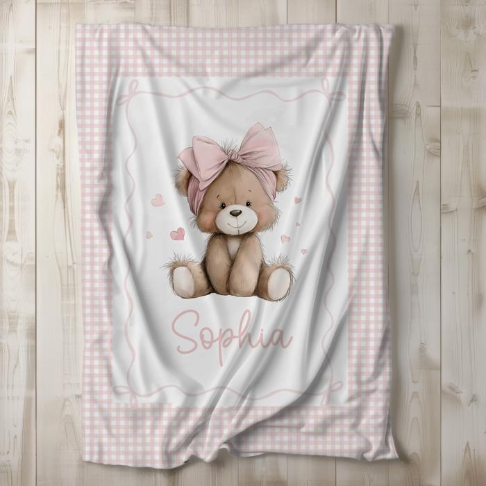 Personalized Teddy Bear on Pink Gingham Baby Blanket | Teddy Bear Baby Girl Nursery Decor | Baby Shower Gift for Girl