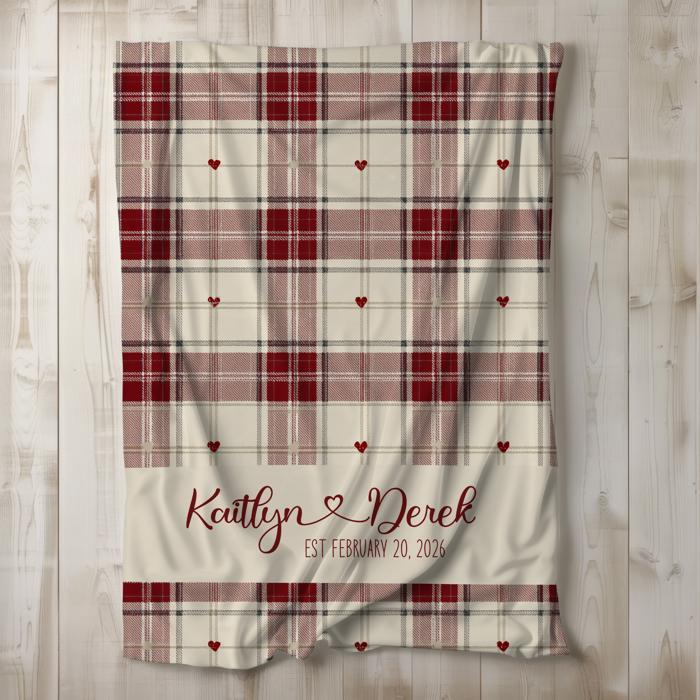 Personalized Valentine Blanket for Couples | Custom Names with Heart & Established Date | Cream with Red Plaid