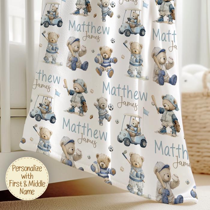 Sports Teddy Bear Personalized Baby Blanket | Baseball, Basketball, Soccer, Football, Golf Sports Themed Nursery Decor | Baby Shower Gift