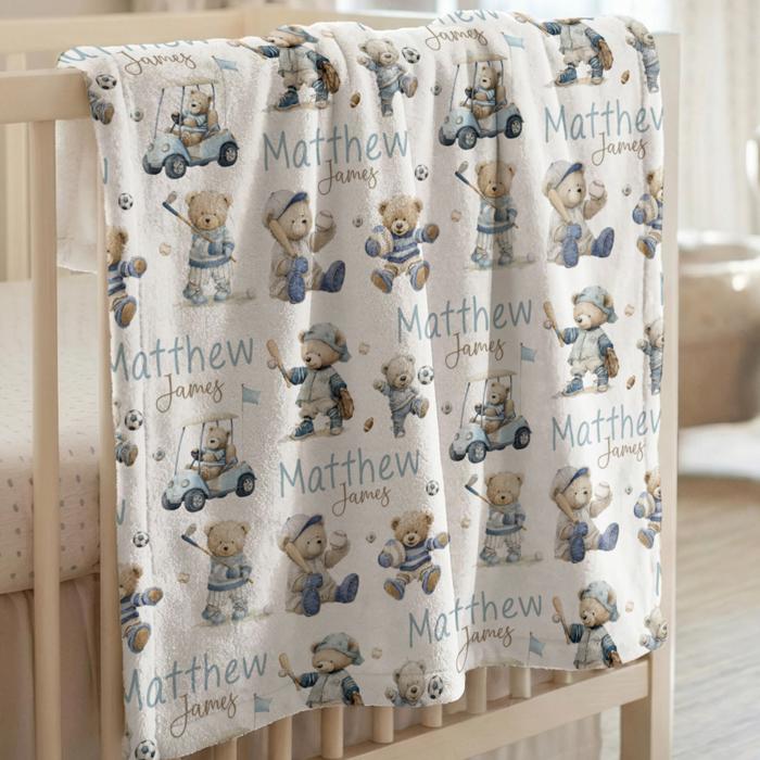 Sports Teddy Bear Personalized Baby Blanket | Baseball, Basketball, Soccer, Football, Golf Sports Themed Nursery Decor | Baby Shower Gift