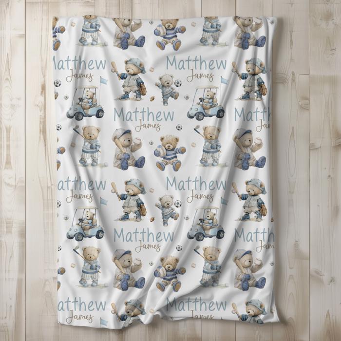 Sports Teddy Bear Personalized Baby Blanket | Baseball, Basketball, Soccer, Football, Golf Sports Themed Nursery Decor | Baby Shower Gift